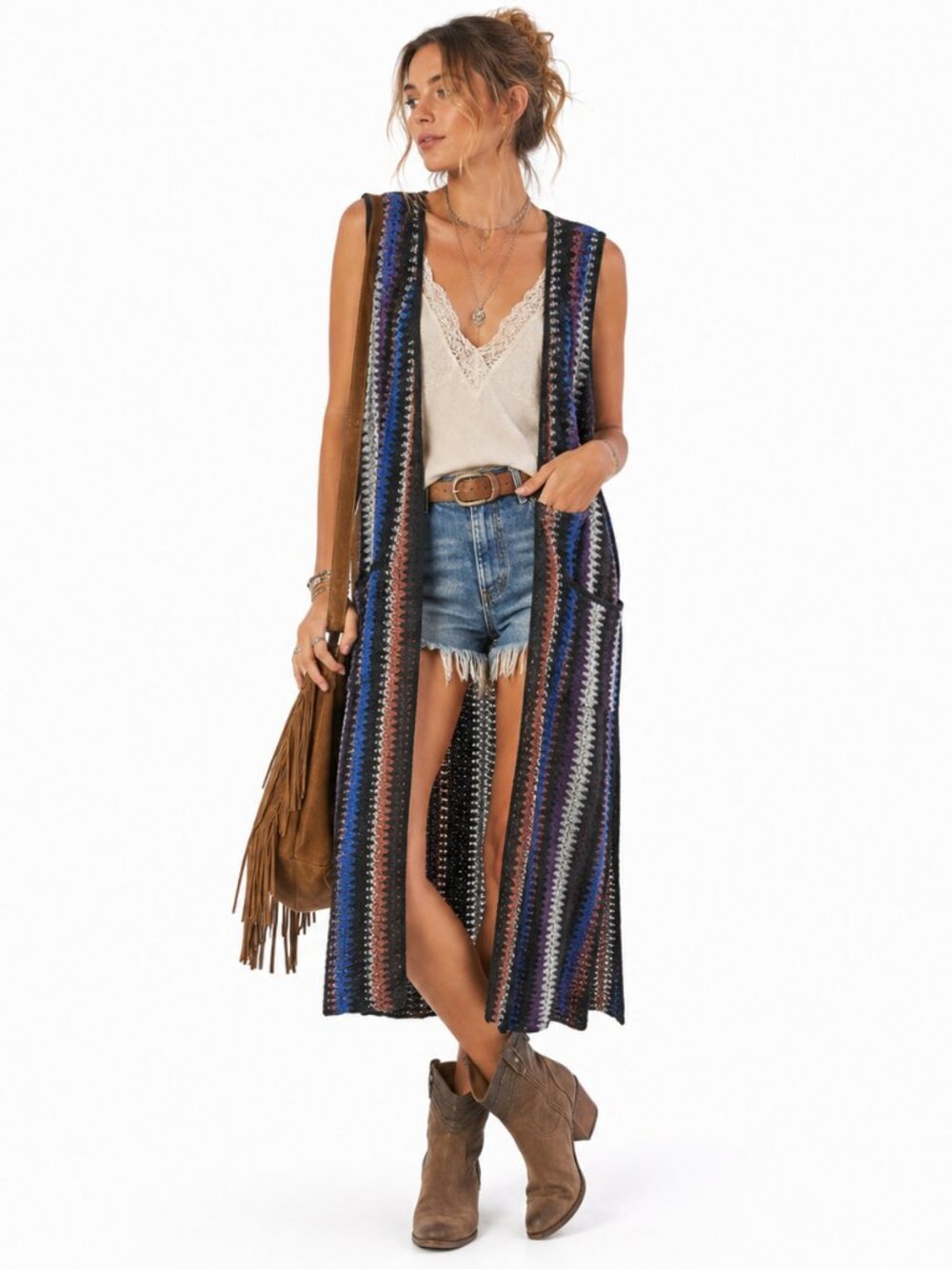 Ali Miles Womens M Striped Kimono Duster Long Cardigan Boho Lagenlook Artwear